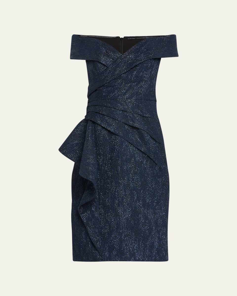 Off-Shoulder Pleated Shimmer Midi Dress